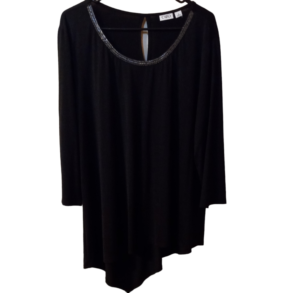 Cato Asymmetrical Women's Top with Beading & Keyhole Back Size: XL Color: Black